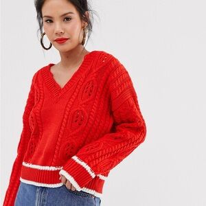 Moon River Cable Knit V-neck Jumper Red
